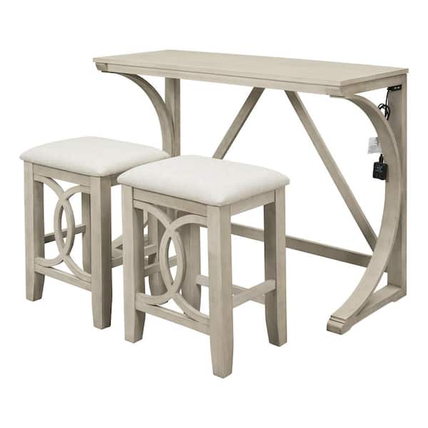 3-Piece White Counter Height Dining Table Set with USB Port and Beige Upholstered Stools