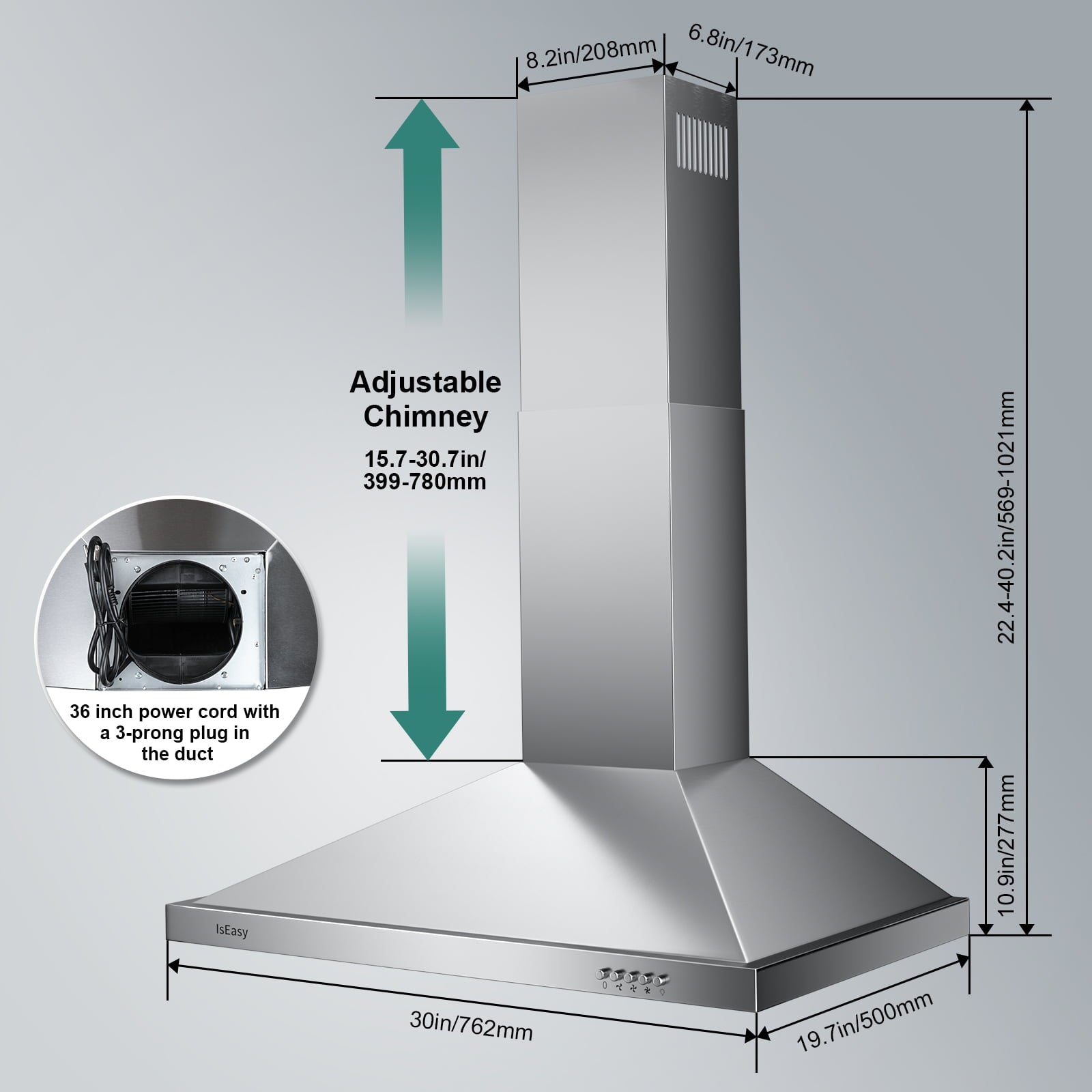 Range Hood 30 inch, IsEasy Wall Mount Vent Hood 500 CFM with Ducted Convertible Ductless Kitchen Hood in Stainless Steel, 3 Speed Exhaust Fan, LED Lights