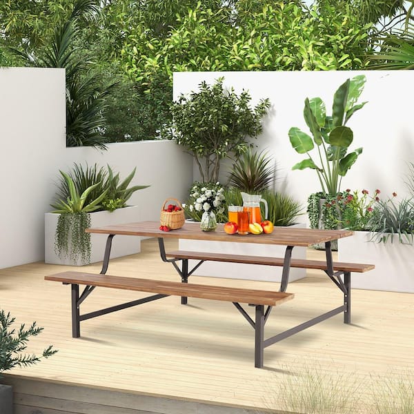 71 in. Wood Outdoor Picnic Table Bench Set Camping Table Set with Wood Tabletop and Seat 2 in. Umbrella Hole