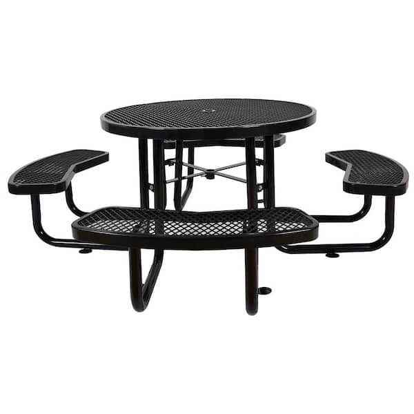 46 in. Black Round Steel Picnic Table Seats 8-People with Umbrella Hole