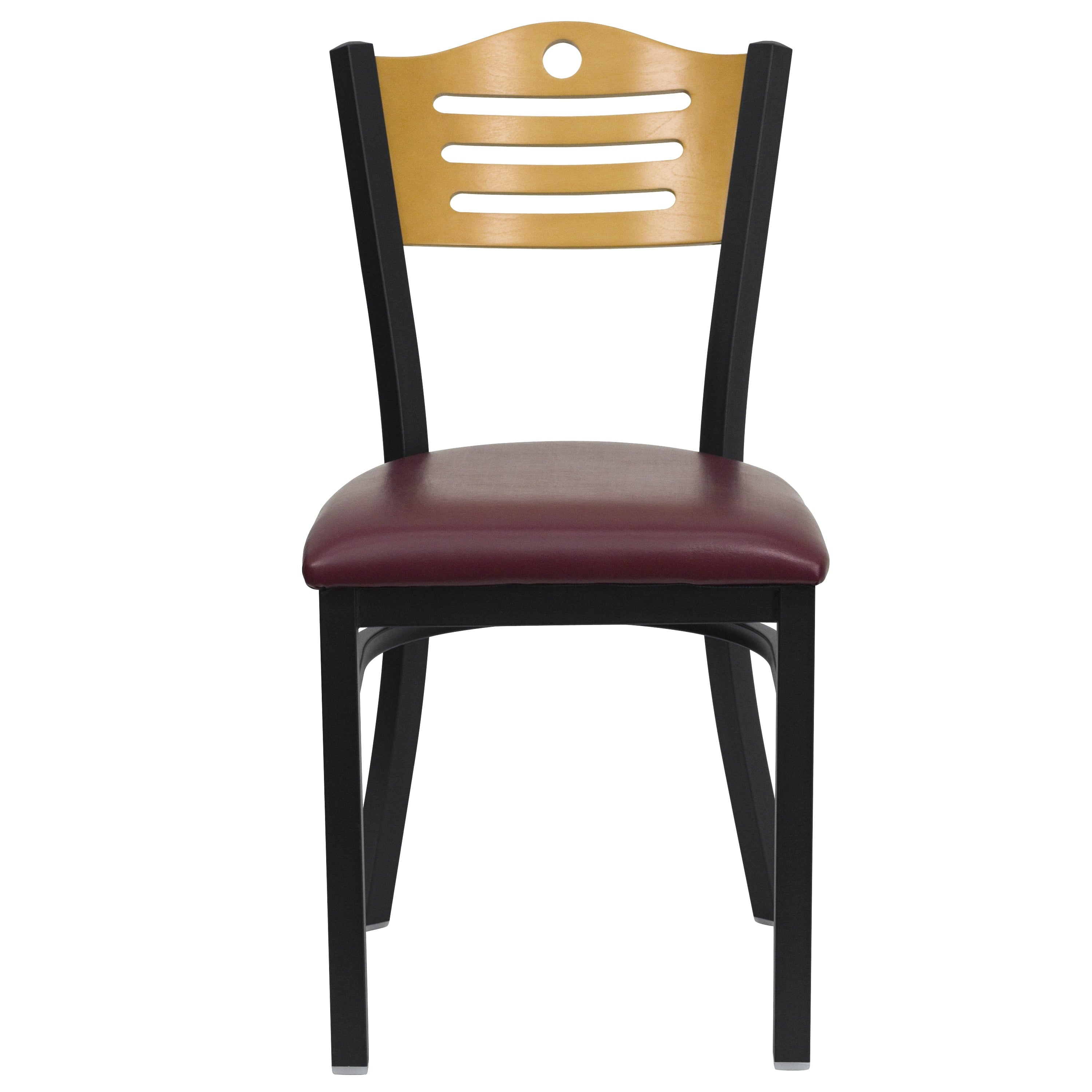 BizChair Black Slat Back Metal Restaurant Chair - Natural Wood Back, Burgundy Vinyl Seat