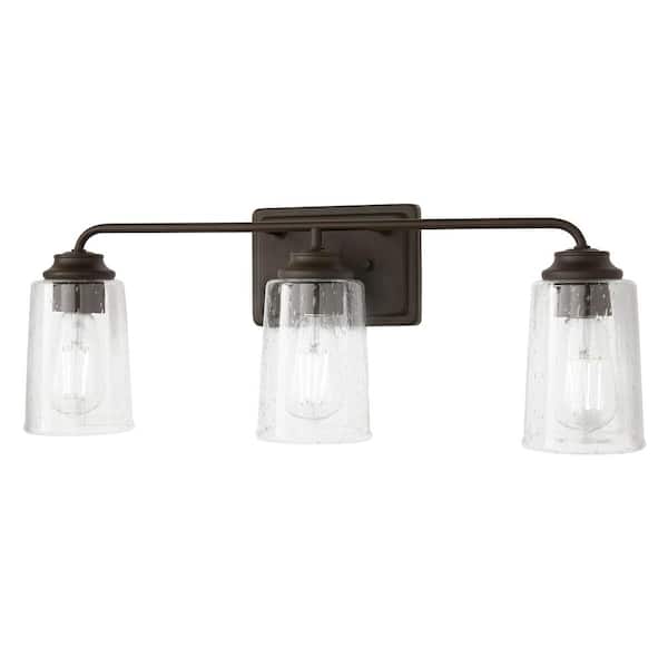 Evangeline 23 in. 3-Light Modern Bronze Farmhouse Bathroom Vanity Light with Clear Seeded Glass Shades
