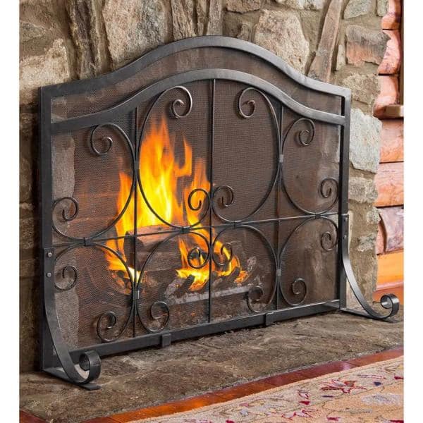 Black Metal Crest 1-Panel Flat Guard Fireplace Screen - Large