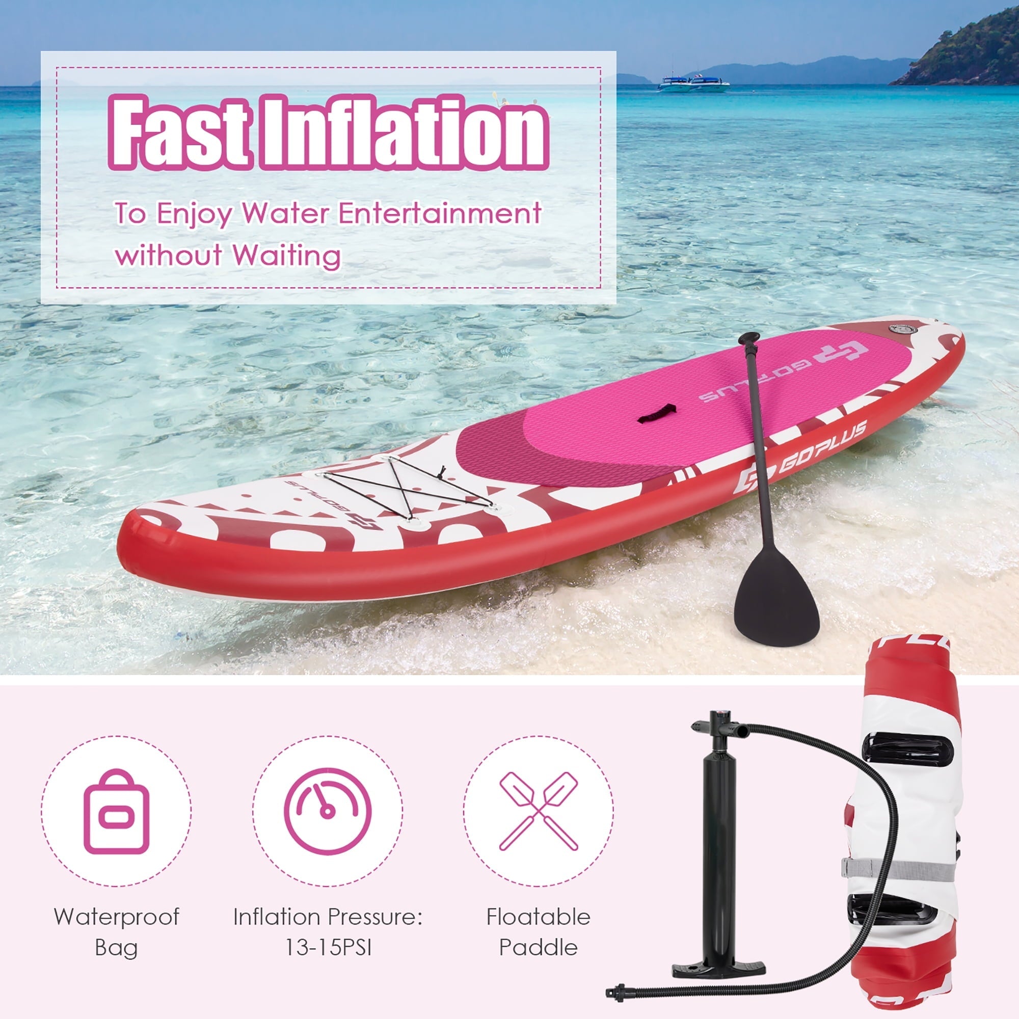 Goplus 10.5’ Inflatable Stand Up Paddle Board SUP W/Carrying Bag Aluminum Paddle Pink