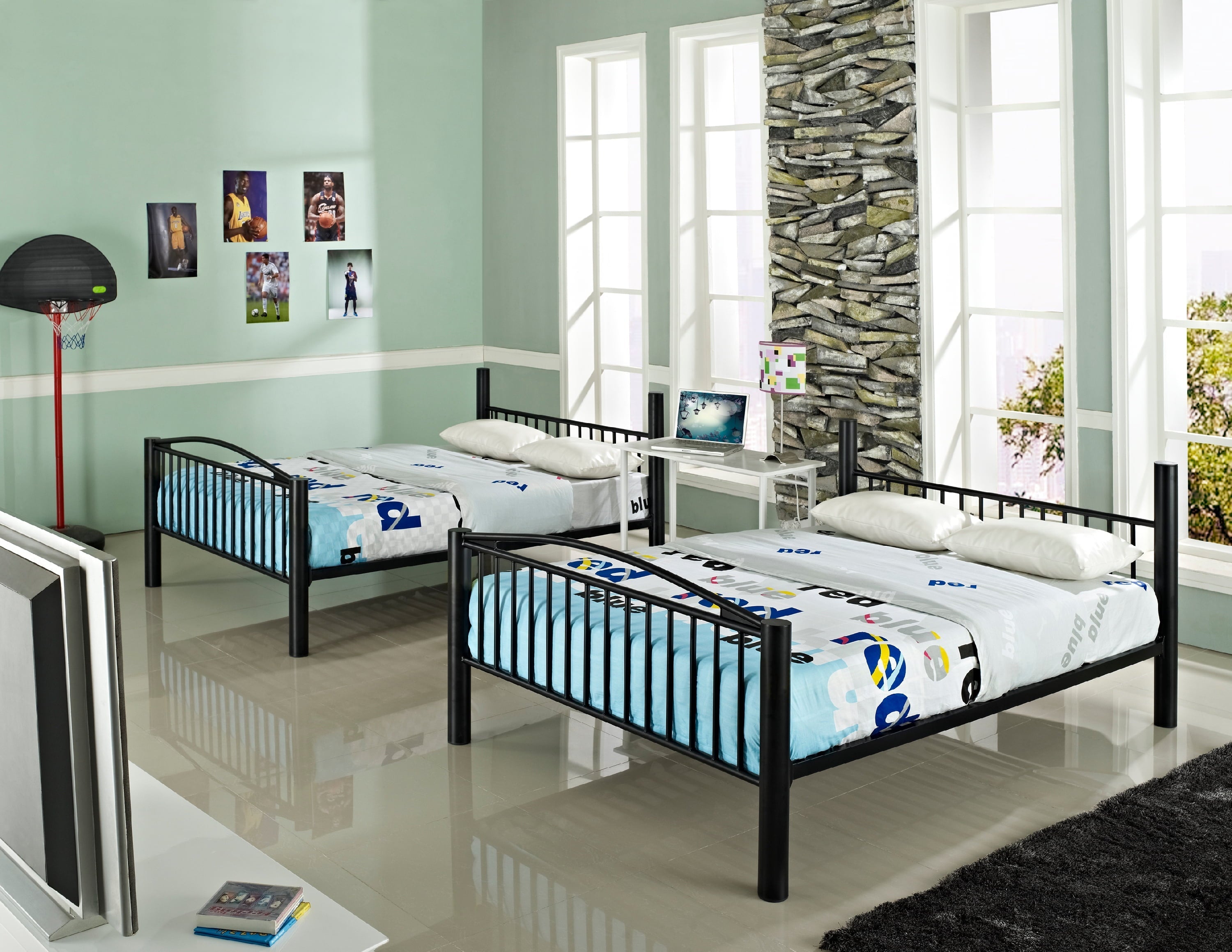 Kalmia Heavy Metal Full Over Full Convertible Bunk Bed with Built-In Ladder, Black