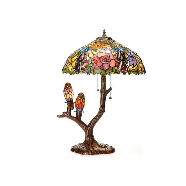 25 in. Floral Birds Multicolored Brown Table Lamp