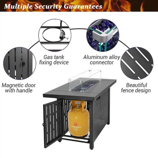 43 in. 50,000 BTU Black Steel Propane Fire Pit Table with Glass Wind Guard, Blue Fire Beads, Lid and Cover