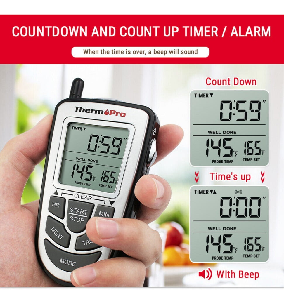 Wireless Remote Thermometer Probe BBQ Grill Meat Kitchen Oven Food Cooking Smoke, ThermoPro, LCD