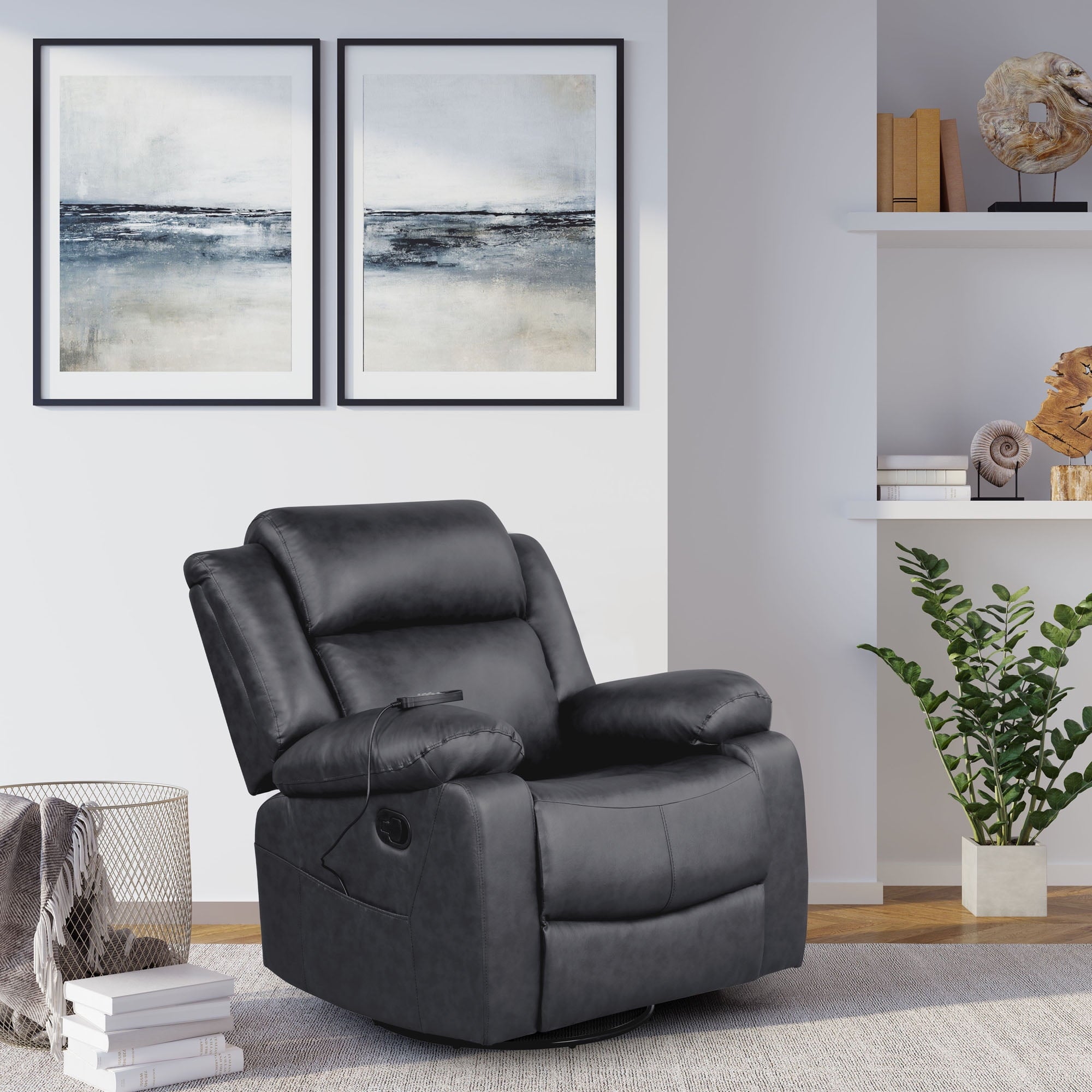 Elm & Oak Maxima Standard Manual Swivel Recliner with Massage and Heat, Black Faux Leather