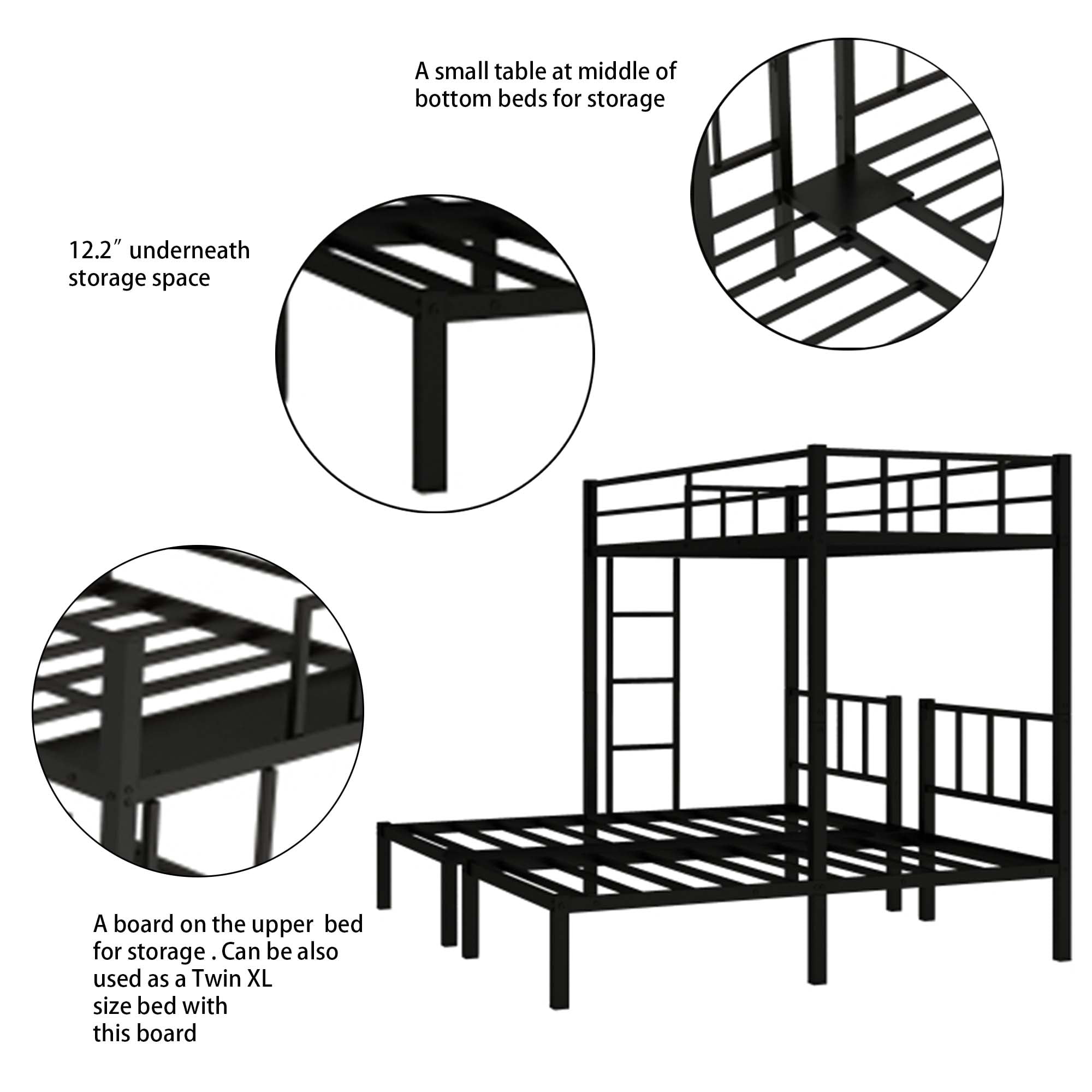 Jump Into Fun Triple Bunk Bed, Metal Twin over Twin and Twin Bunk Bed with Ladder, Full-Length Guardrail, 3 Beds Bunk Bed Can Convertible into 3 Twin Beds for Kids, Teens, Adults, Noise Free, Black
