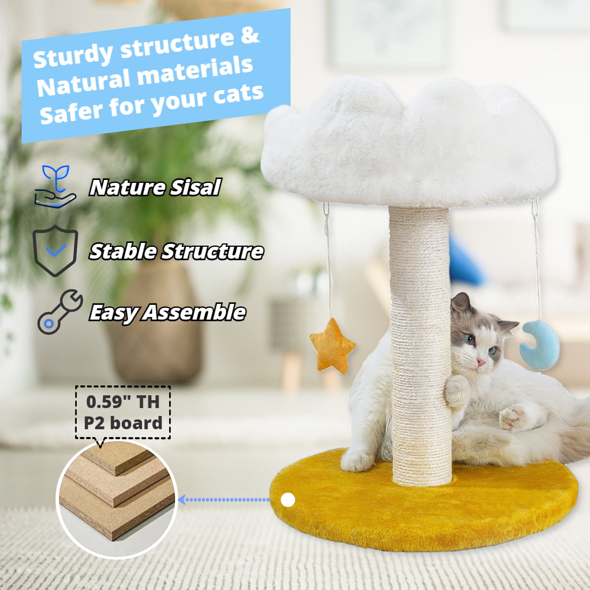 Happi N Pets Cloud Cat Scratching Post with Bed, 2 -Level Cat Tree, Nature Sisal Cat Scratcher with Soft Perch for Kitten & Adult Cats, Small Cat Tower with Toys, Stable Cat Furniture