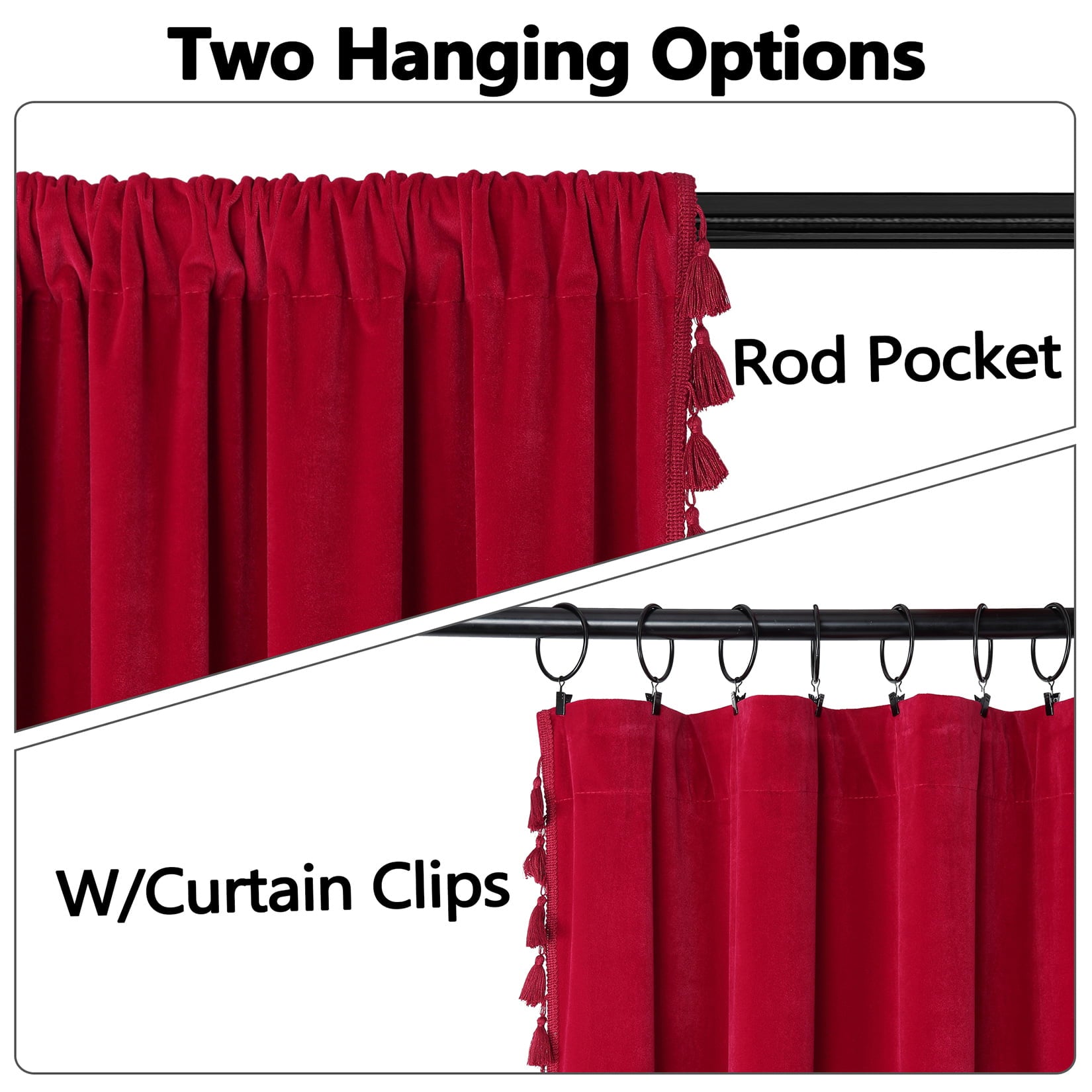 Soft Luxury Velvet Curtains with Tassels, 2 Panel Rod Pocket Blackout Curtain Drapes