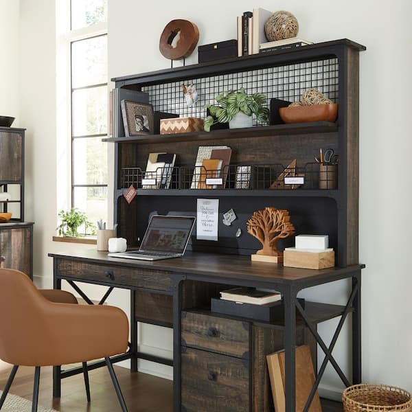Steel River Carbon Oak Computer Hutch with Adjustable Shelves