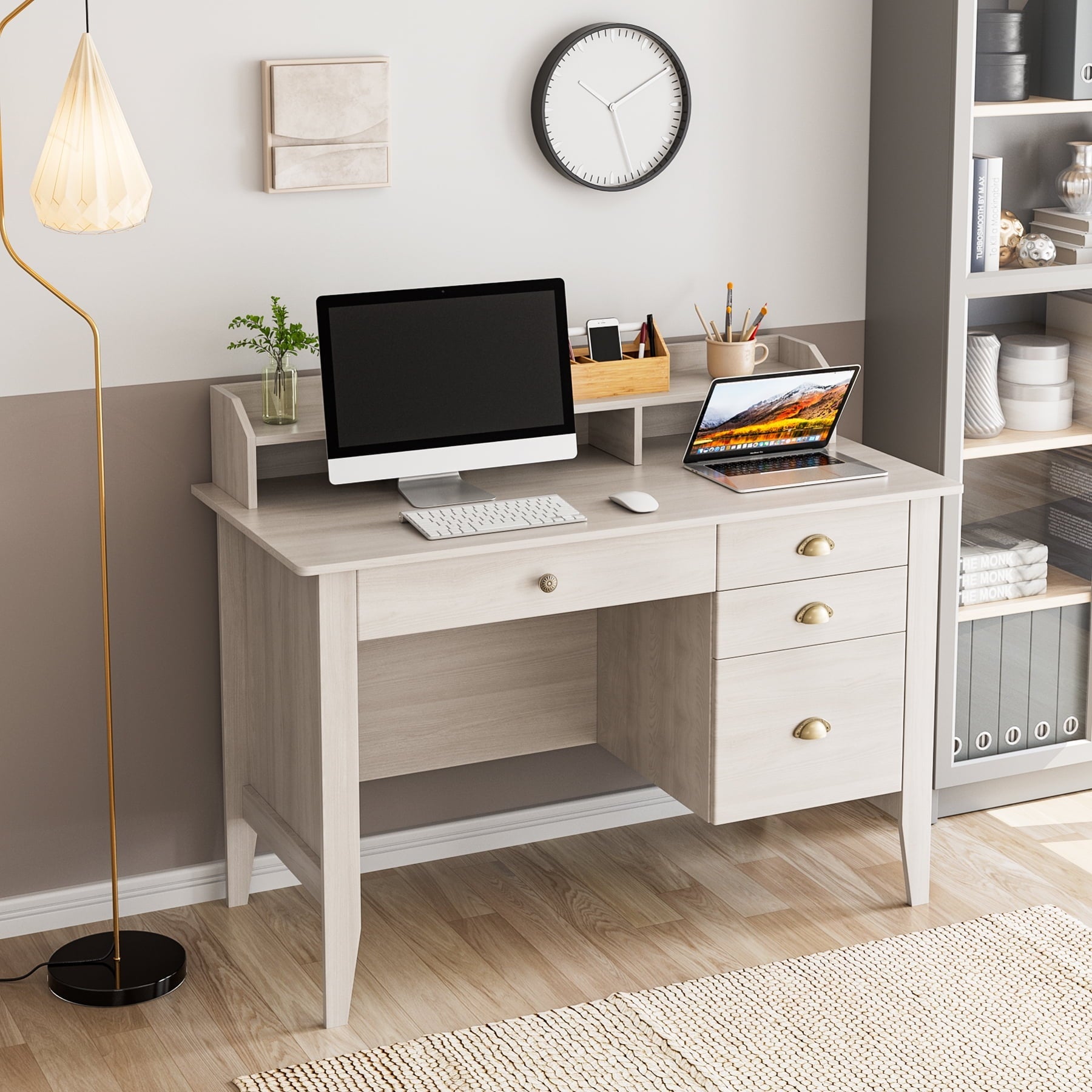 Homfa 47 in Computer Desk, Home Office Writing Table with 4 Drawers and Hutch Shelf, Sturdy Desk with Spacious Desktop, Oak White Finish