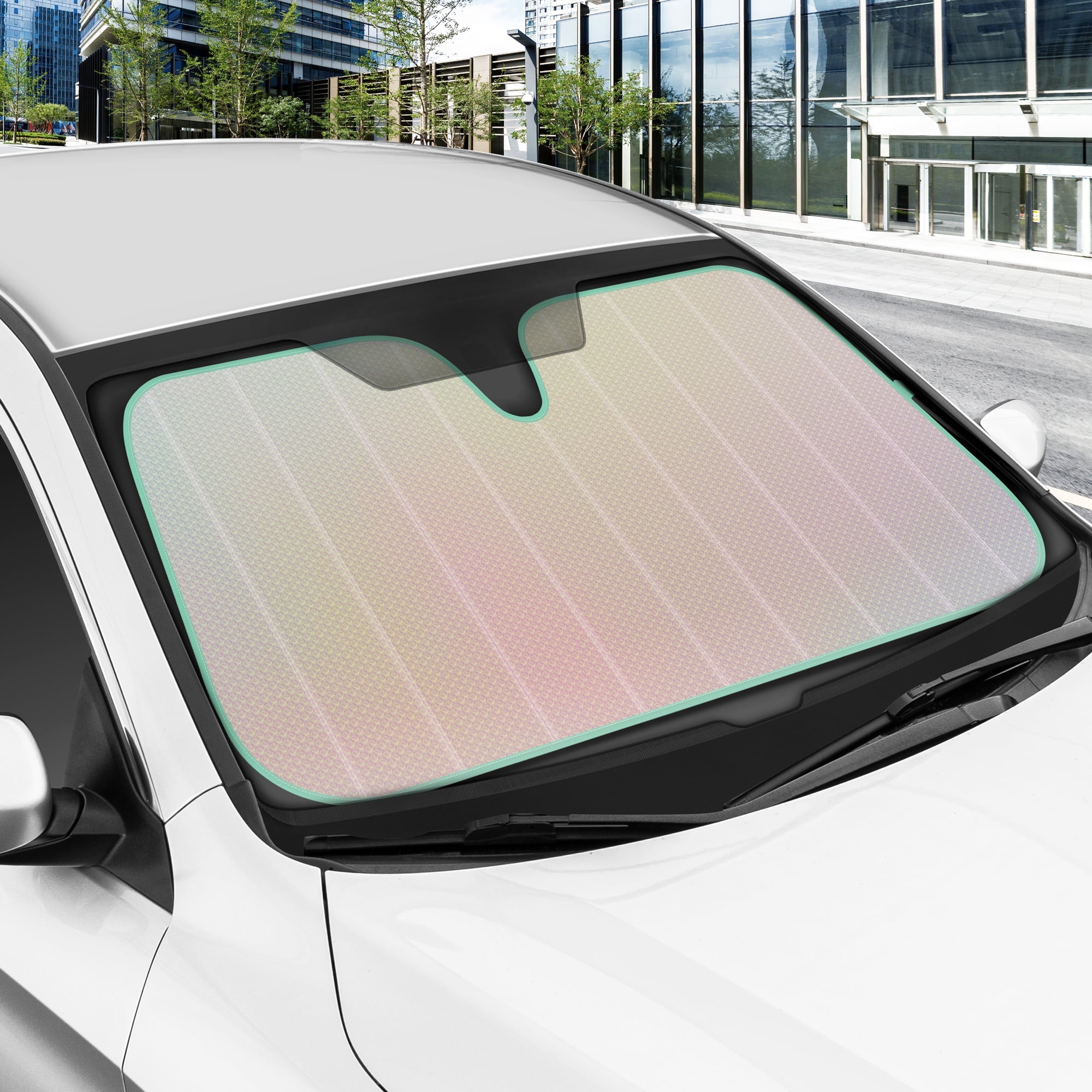 Iridescent Matte White Front Windshield Sunshade-Accordion Folding Shade-Blocks UV Rays- 58 x 27