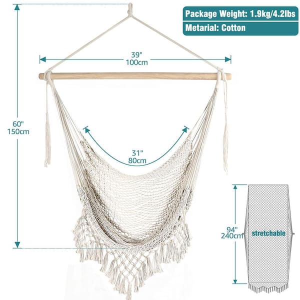 Hammock Chair Super Large Hanging Chair Soft-Spun Cotton Rope Weaving Chair, Hardwood Spreader Bar Wide Seat, White