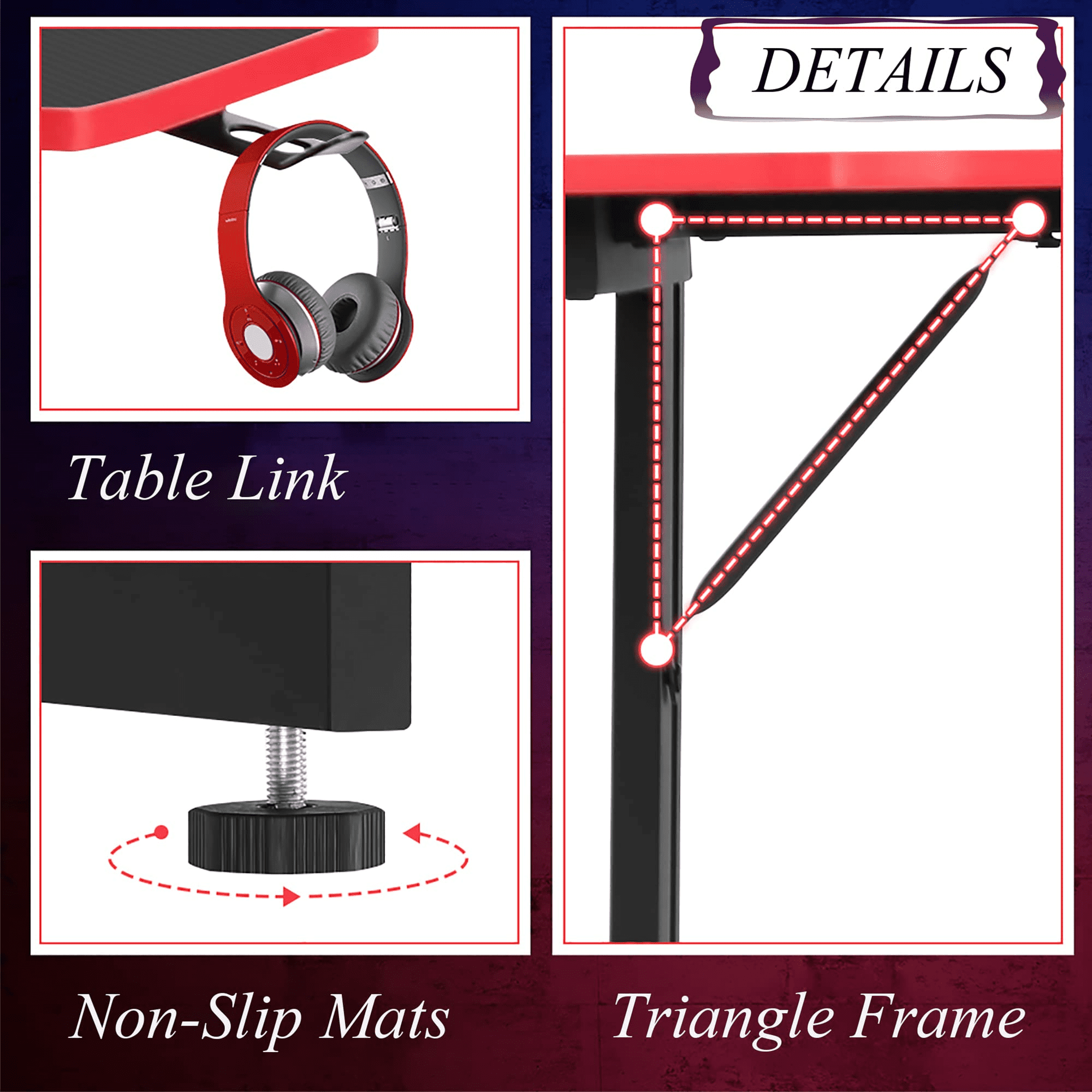 Dkelincs 39.4 inch Gaming Desk Z Shaped Computer Desk Adjustable feet PC Computer Game Table with Carbon Fiber Surface, Cup Holder & Headphone Hook, Red