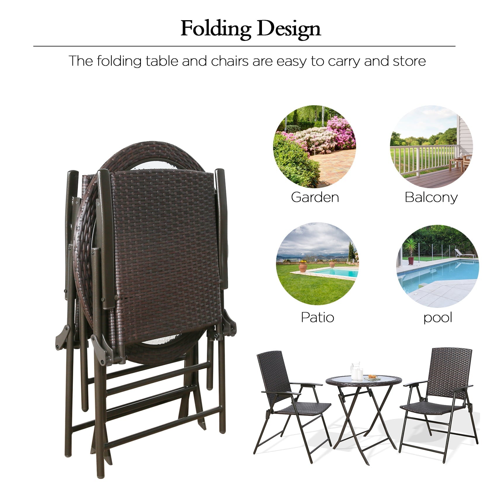 Ulax Furniture 3 Pieces Wicker Folding Bistro Set, Balcony Table and Chairs Sets, Garden Backyard Furniture