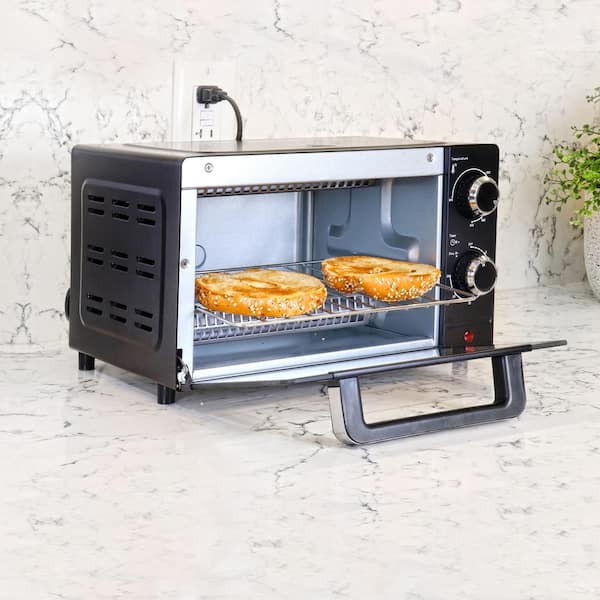 4-Slice Toaster Oven, 1000W, Black Compact Design with Baking Pan and Toasting Rack