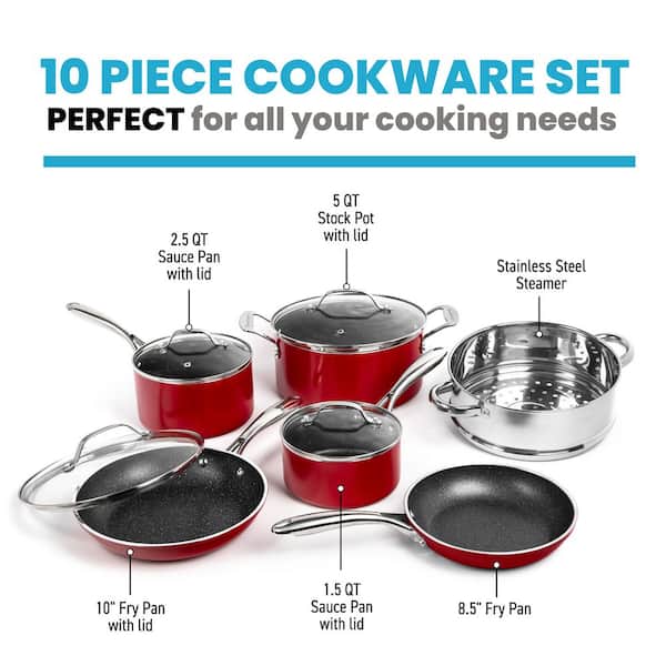 10-Piece Aluminum Red Ultra-Durable Non-Stick Diamond Infused Cookware Set with Glass Lids