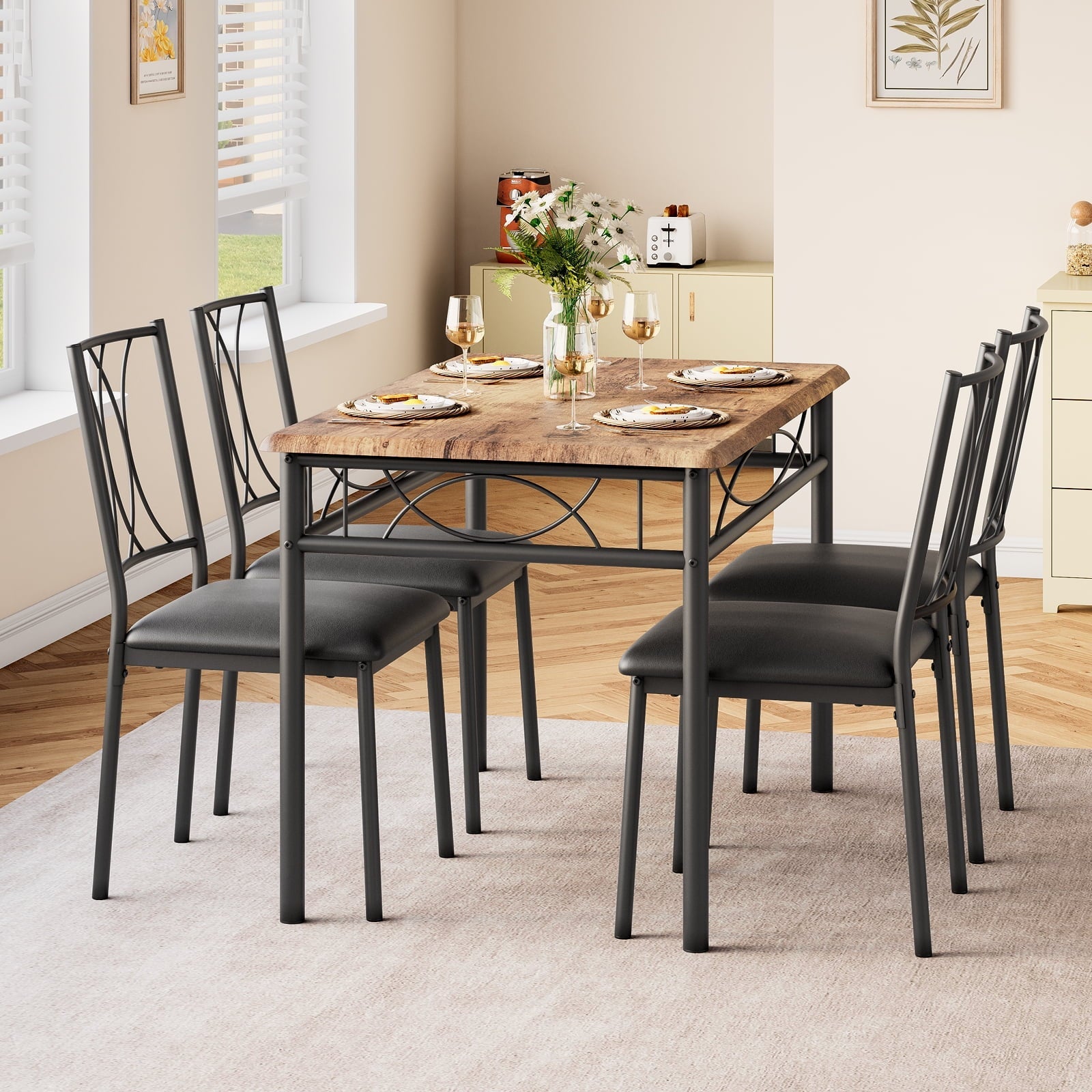 Yesfashion 5 Piece Kitchen Table Set, Metal and Wood Rectangular Dining Room Table Set with 4 Upholstered Chairs