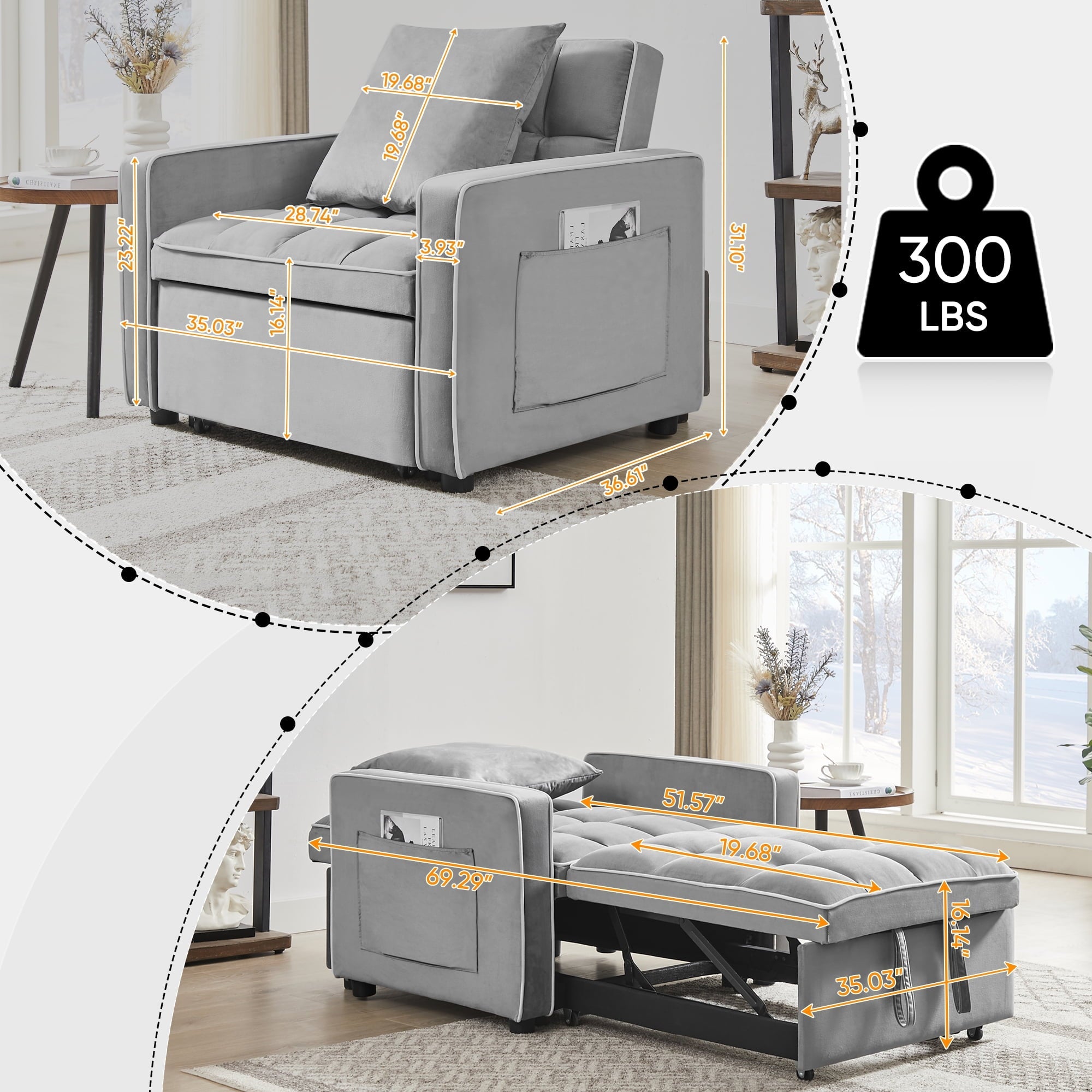 Muumblus Sleeper Sofa Chair Bed, 3-in-1 Convertible Sofa Chair with Pull Out Bed, Modern Adult Velvet Pull Out Sofa Bed for Living Room Apartment Small, Gray