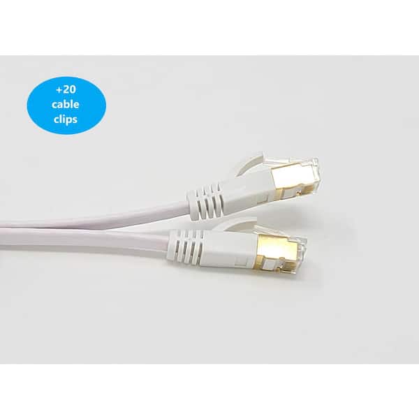 50 ft. Cat 7 Shielded RJ45 Flat Patch 32 AWG Cable with Cable Clips, White