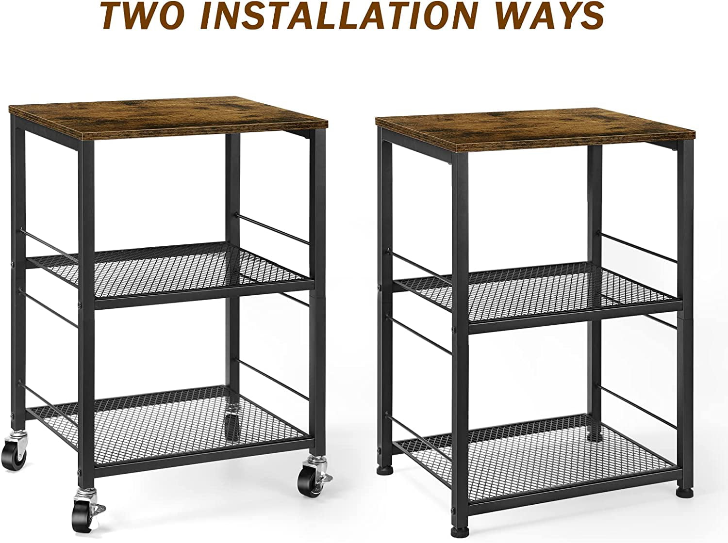 3 Tier Nightstand End Table, Stable Metal Frame, Rustic Brown