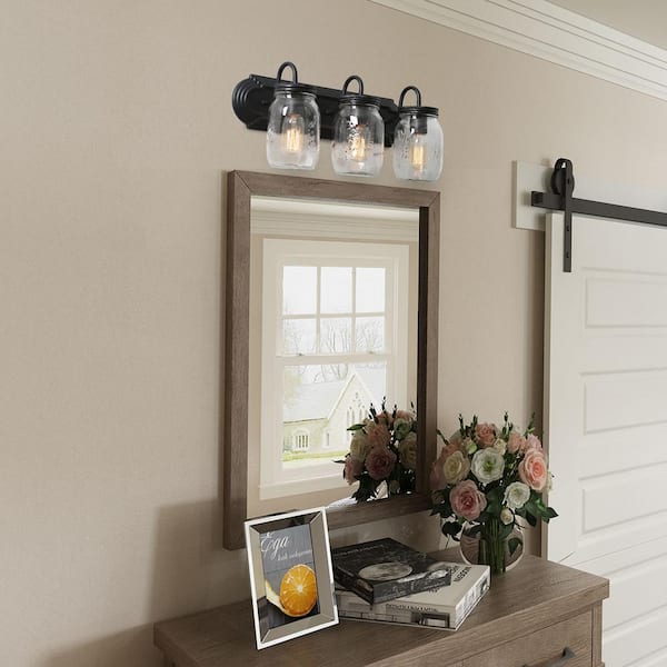 Modern Farmhouse Black Vanity Light 3-Light Rustic Bathroom Powder Room Wall Sconce with Clear Mason Jar Glass Shades