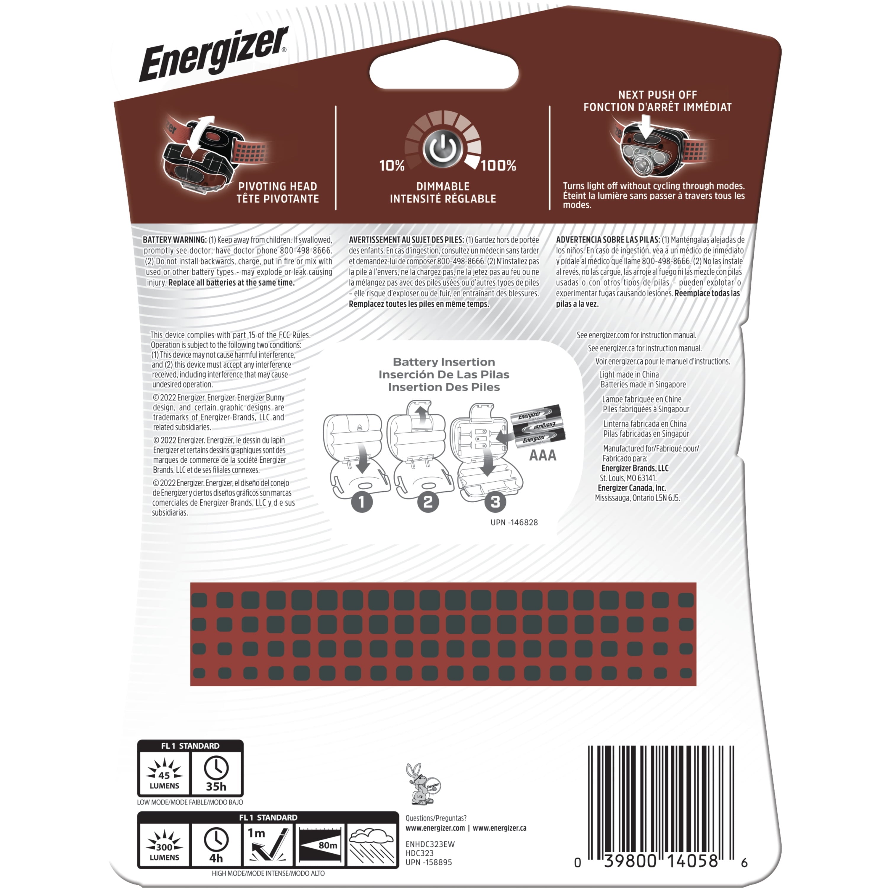 Energizer Vision HD+ 300 Lumen Advanced LED Headlamp, Includes (3) AAA Batteries