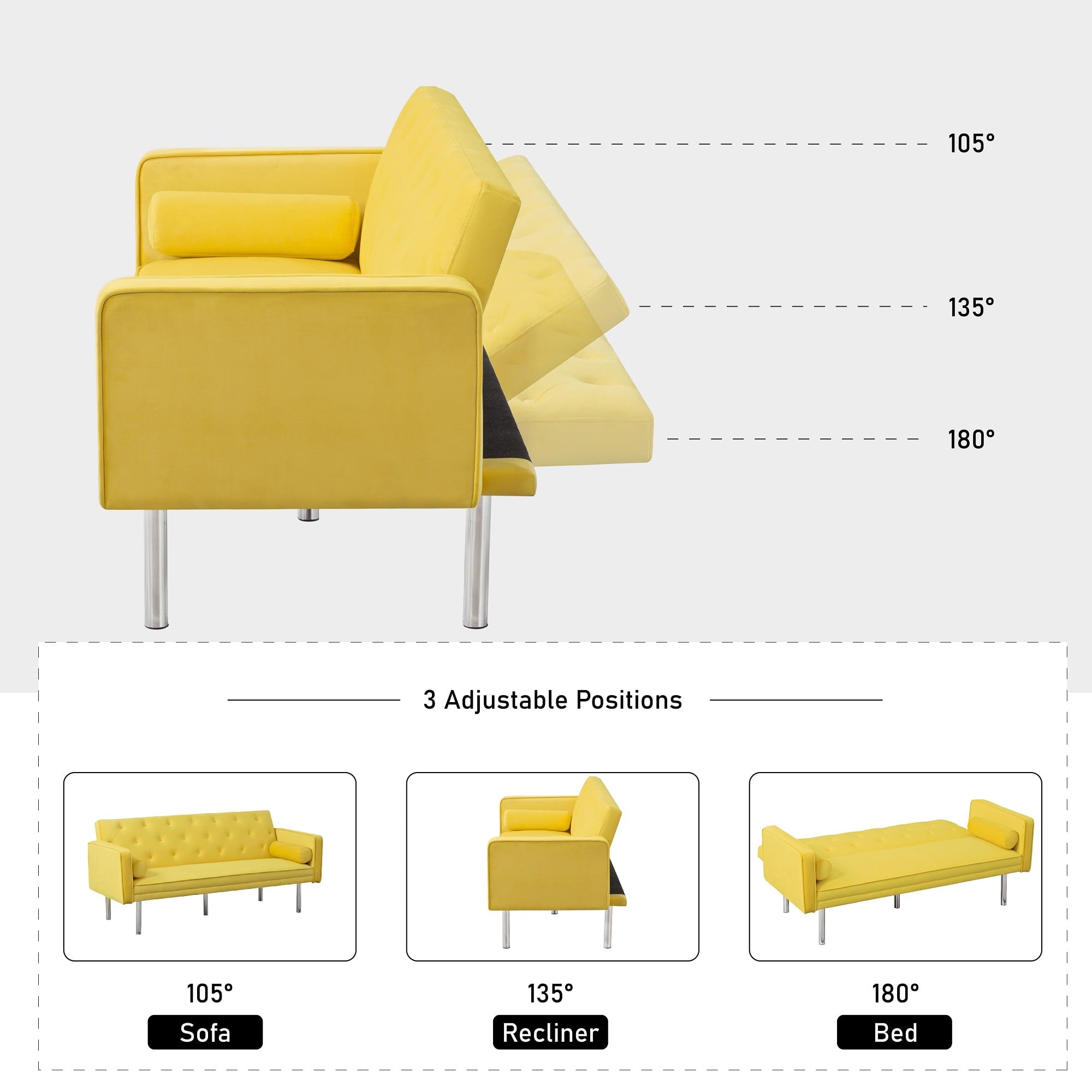 Modstyle Futon Sofa Bed, Velvet Convertible Sleeper Sofa with Pillows, Yellow