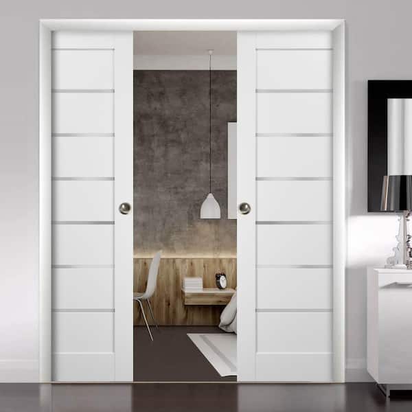 Quadro 48 in. x 80 in. Single Panel White Finished Pine MDF Sliding Door with Double Pocket Kit
