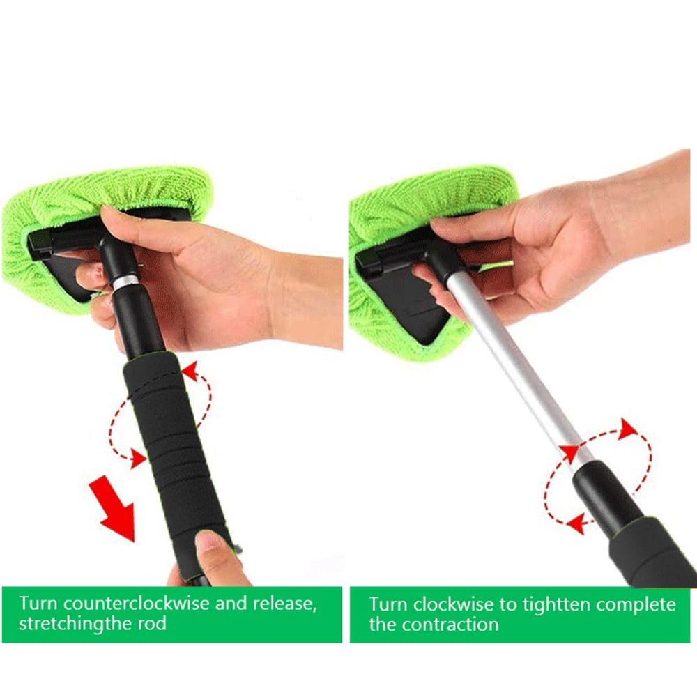 Byseng Car Windshield Cleaner, Windshield Cleaning Tool for Car, Microfiber Car Window Cleaner with Extendable Handle + 4 Reusable and Washable Microfiber Pads - Green