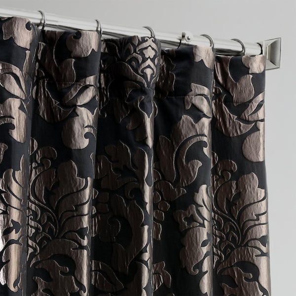 Astoria Black/Pewter Jacquard Faux Silk Rod Pocket Room Darkening Curtain - 50 in. W x 96 in. L Single Window Panel