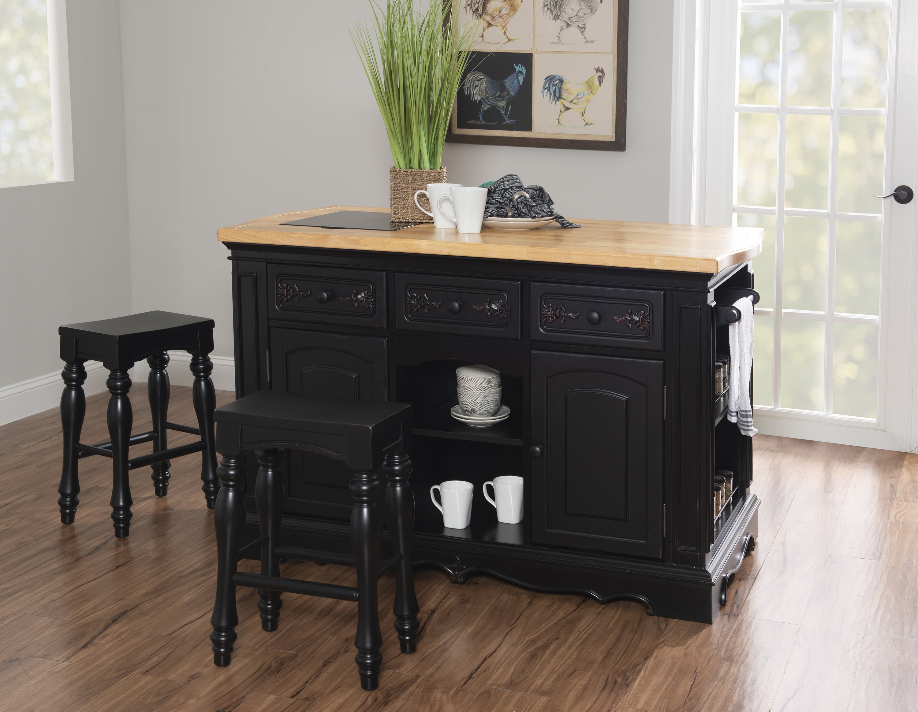Pennfield Kitchen Island with Black Granite Removable Cutting Surface, Black and Natural