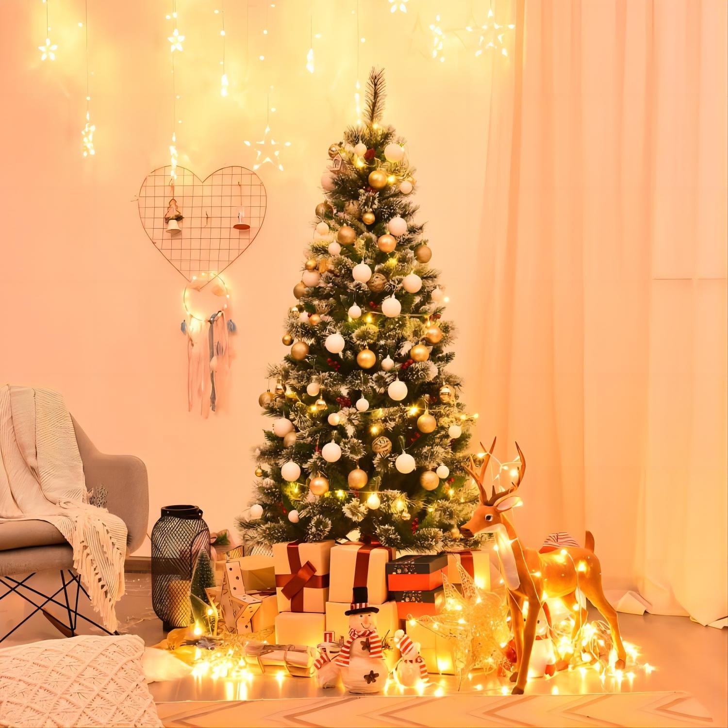 HONGGE 6.5ft Pre-Lit Glittering Frost Pine Artificial Christmas Tree, Warm White LED, Green