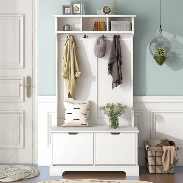 White Hall Tree with 2 Flip Shoe Storage Drawers, 4 Metal Hooks and Bench, Wood Hallway Coat Rack for Living Room