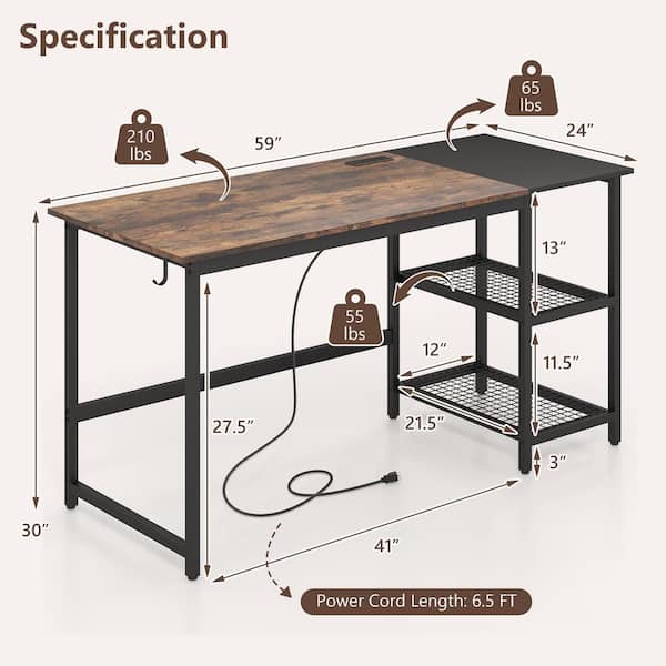 59 in. Rectangular Brown Wood Home Office Computer Desk Study Laptop Table Detachable Shelf