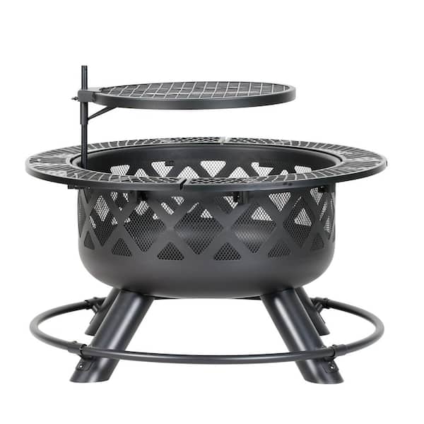 Outdoor Wood Burning Fire Pit Backyard with Cooking Grill, 32 in. Black, Mini Ranch Fire Pit