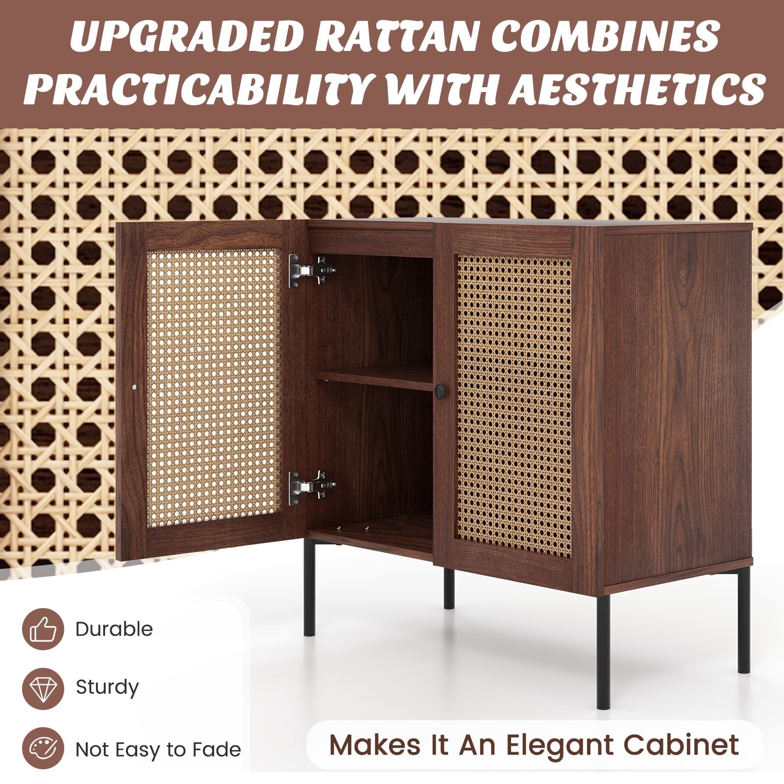 Costway Set of 2 Rattan Buffet Sideboard Wine Cabinet Cupboard w/Adjustable Shelf Walnut