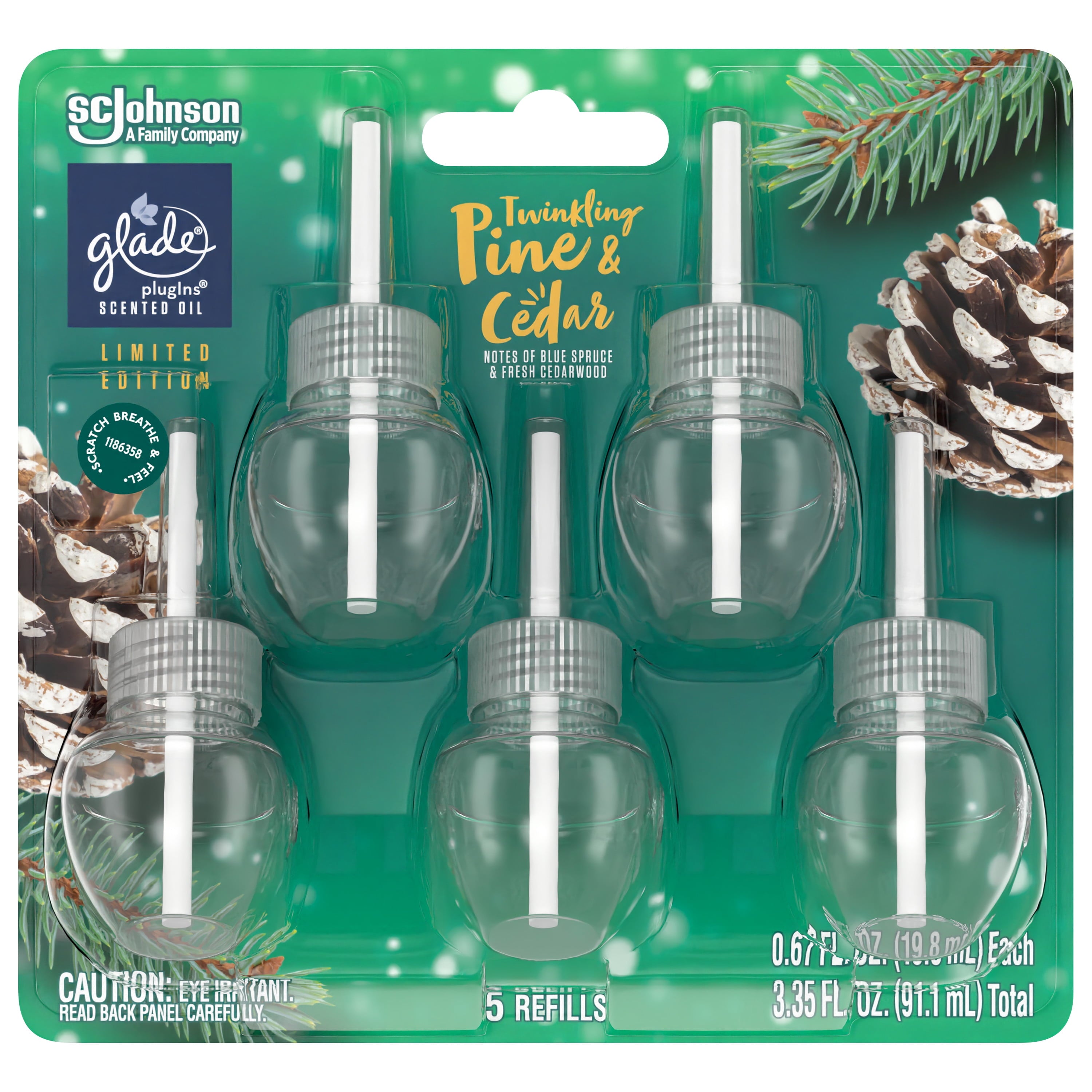 Glade PlugIns Scented Oil, Air Freshener, 5 Refills, Twinkling Pine & Cedar, 0.67 oz Each, 3.35 oz Total