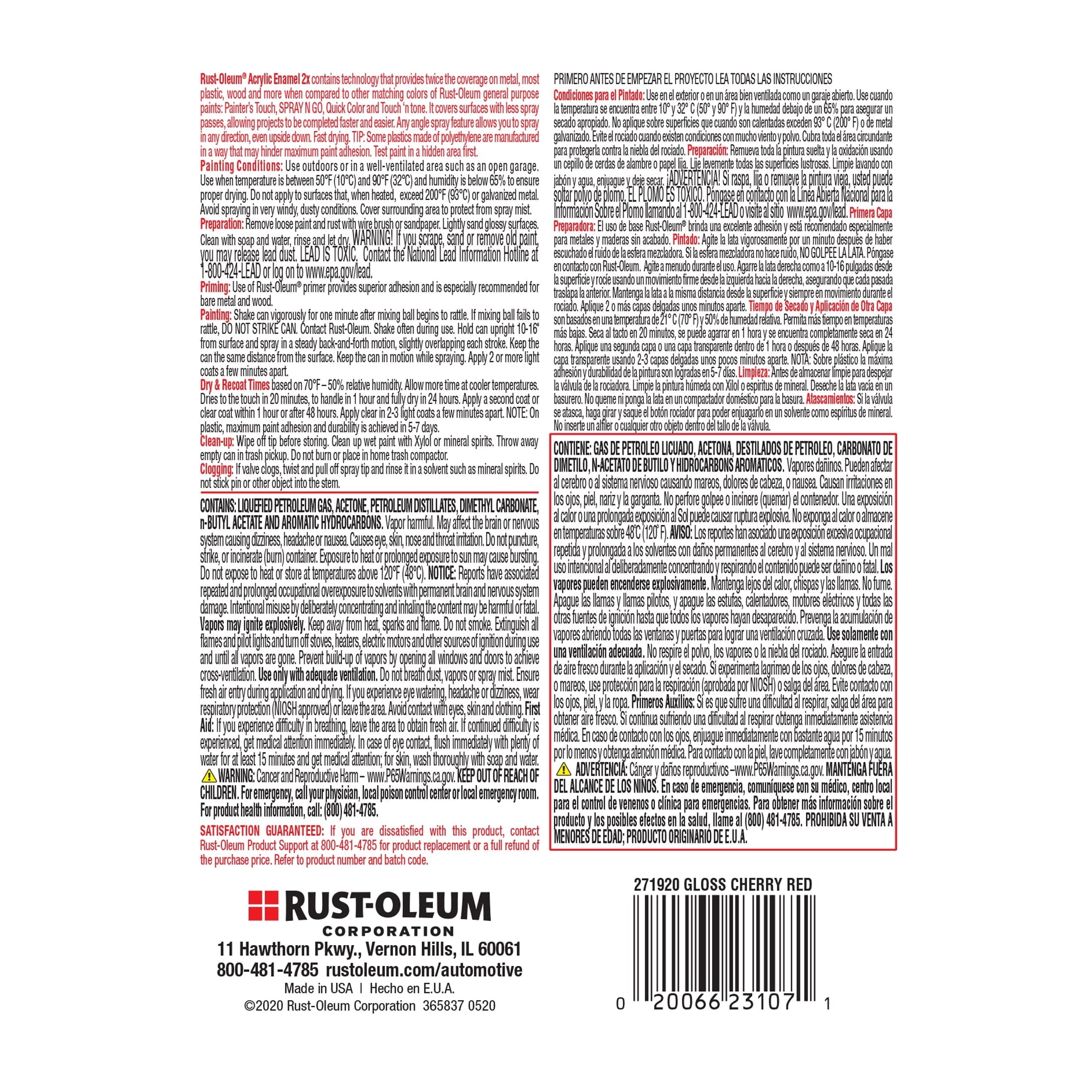 Red, Rust-Oleum Automotive Gloss Acrylic Enamel 2X Spray Paint-271920, 12 oz