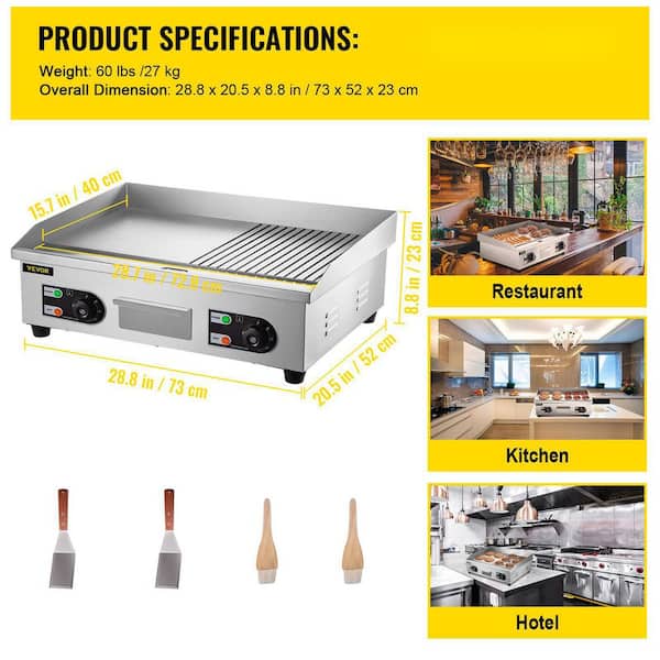 29 in. Commercial Electric Griddle 3000-Watt Countertop Half Grooved and Flat Non-Stick Stainless Steel Grill, Silver