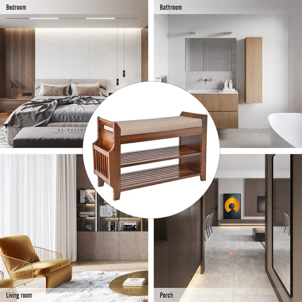 Elecwish 2-Tier Shoe Rack, Bamboo Bench with Umbrella Stand, Brown