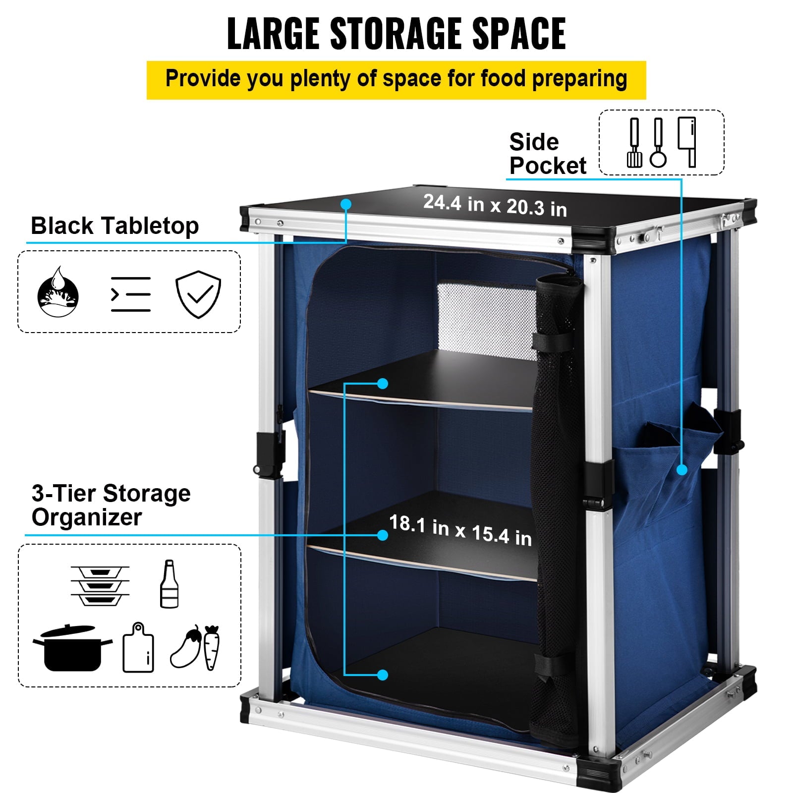 Camping Kitchen Station, Aluminum Portable Folding Cook Table with 3-Tier Storage Organizer, Side Pocket and Carrying Bag, for Outdoor BBQ Party Backyards and Tailgating, Blue