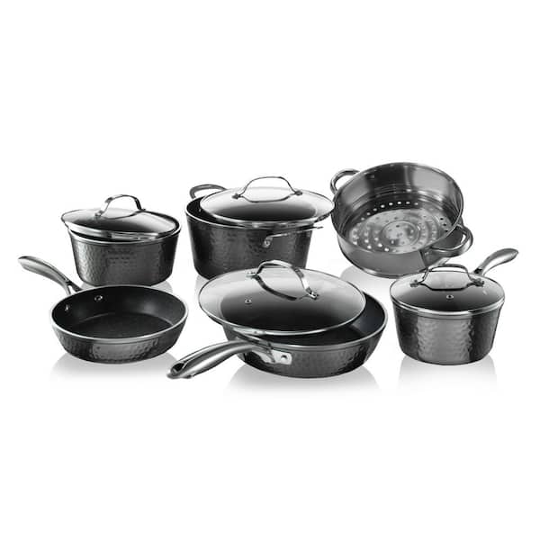 15-Piece Aluminum Hammered Ultra-Durable Non-Stick Diamond Infused Cookware and Bakeware Set in Pewter
