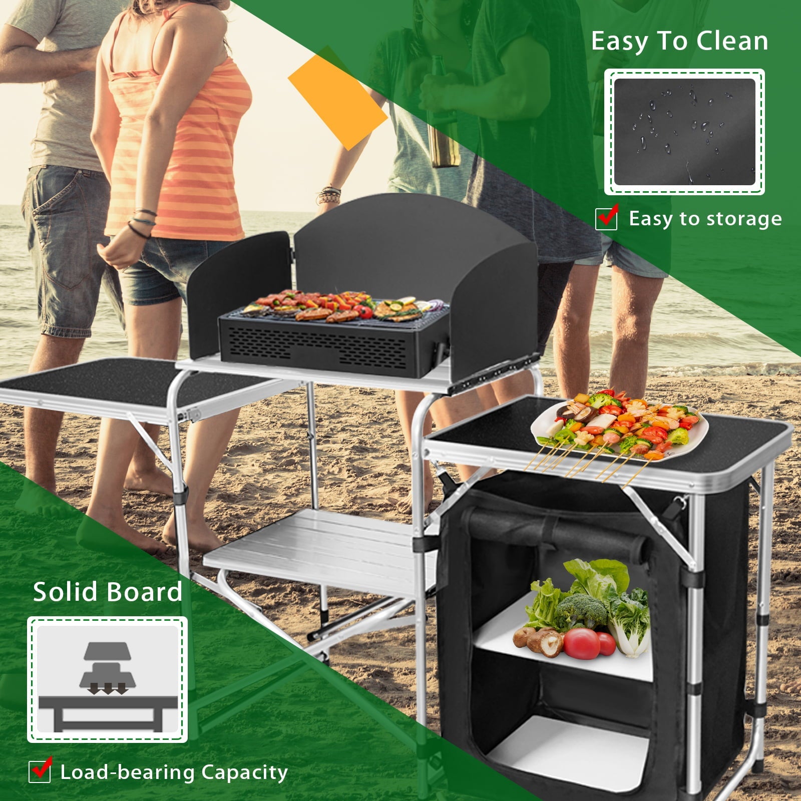 Camping Kitchen Station Aluminum Outdoor Cook Table Camping Table Black