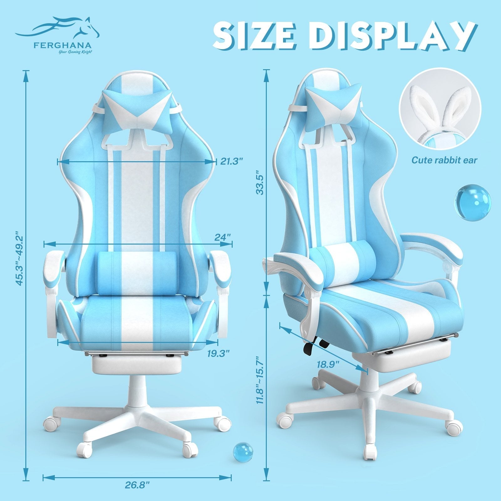 Ferghana Gaming Chair Office Chair, Computer Chair with Footrest & Adjustable Massage Lumbar Pillow, Ergonomic High Back Leather Game Desk Chair, Sky Blue