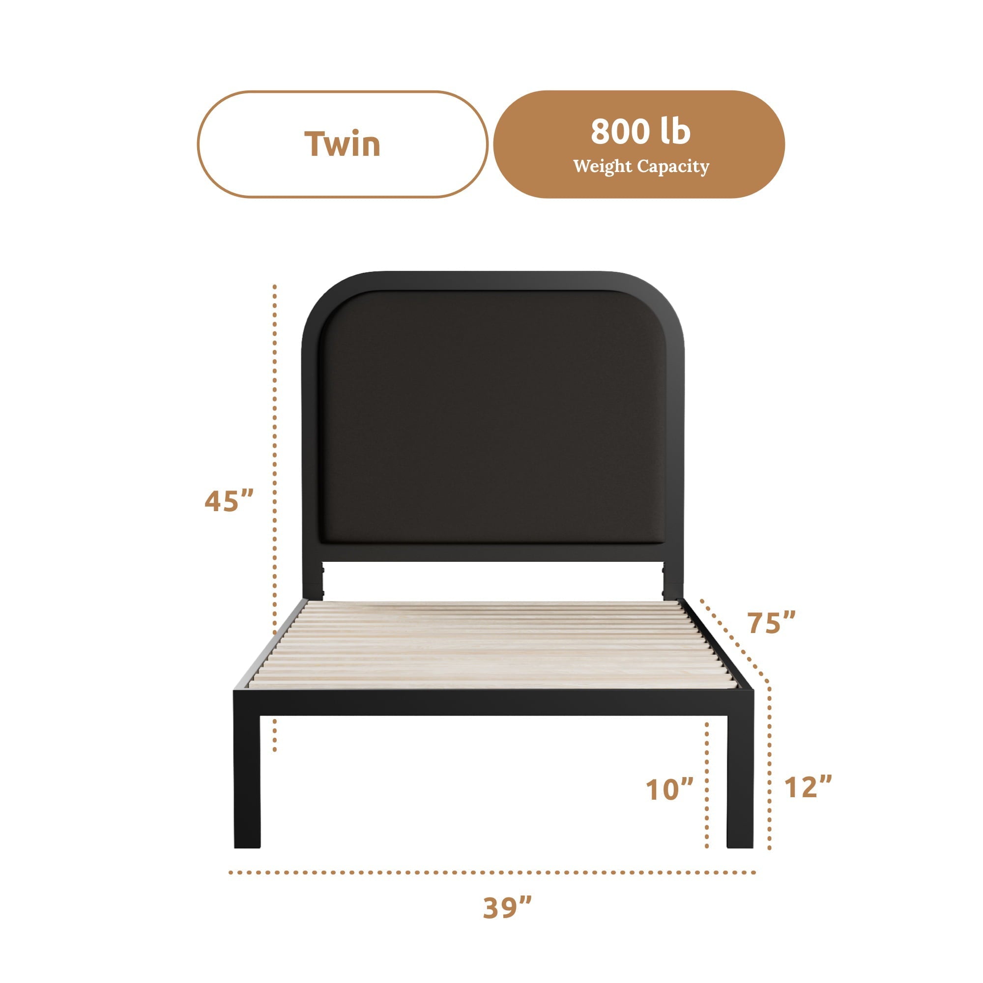 Rest Haven Salem Metal Platform Bed with Rounded Upholstered Headboard, Twin, Charcoal