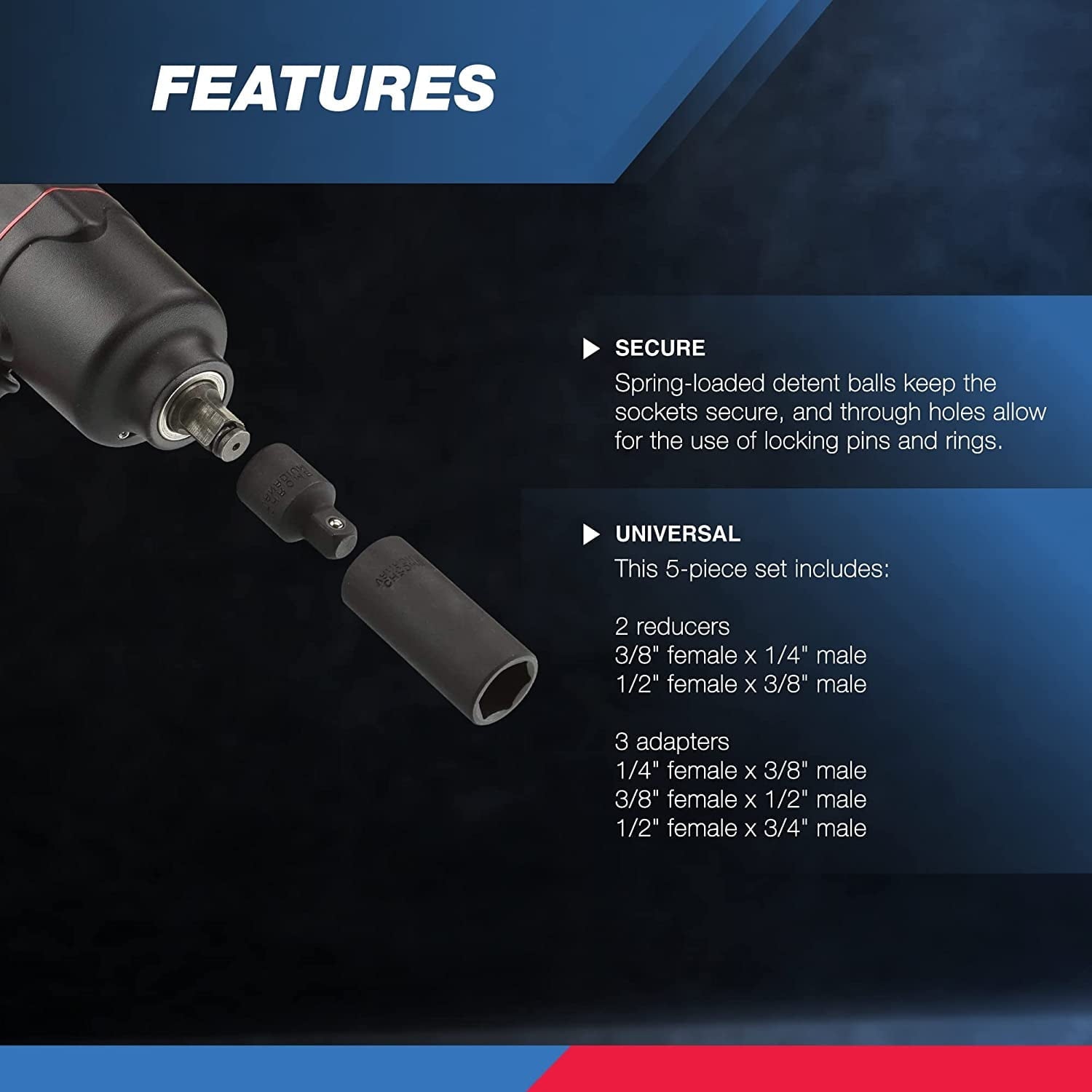 NEIKO 30249A 5 Piece Impact Socket Adapter Set, SAE Impact Adapter & Reducer, 1/4, 3/8, 1/2